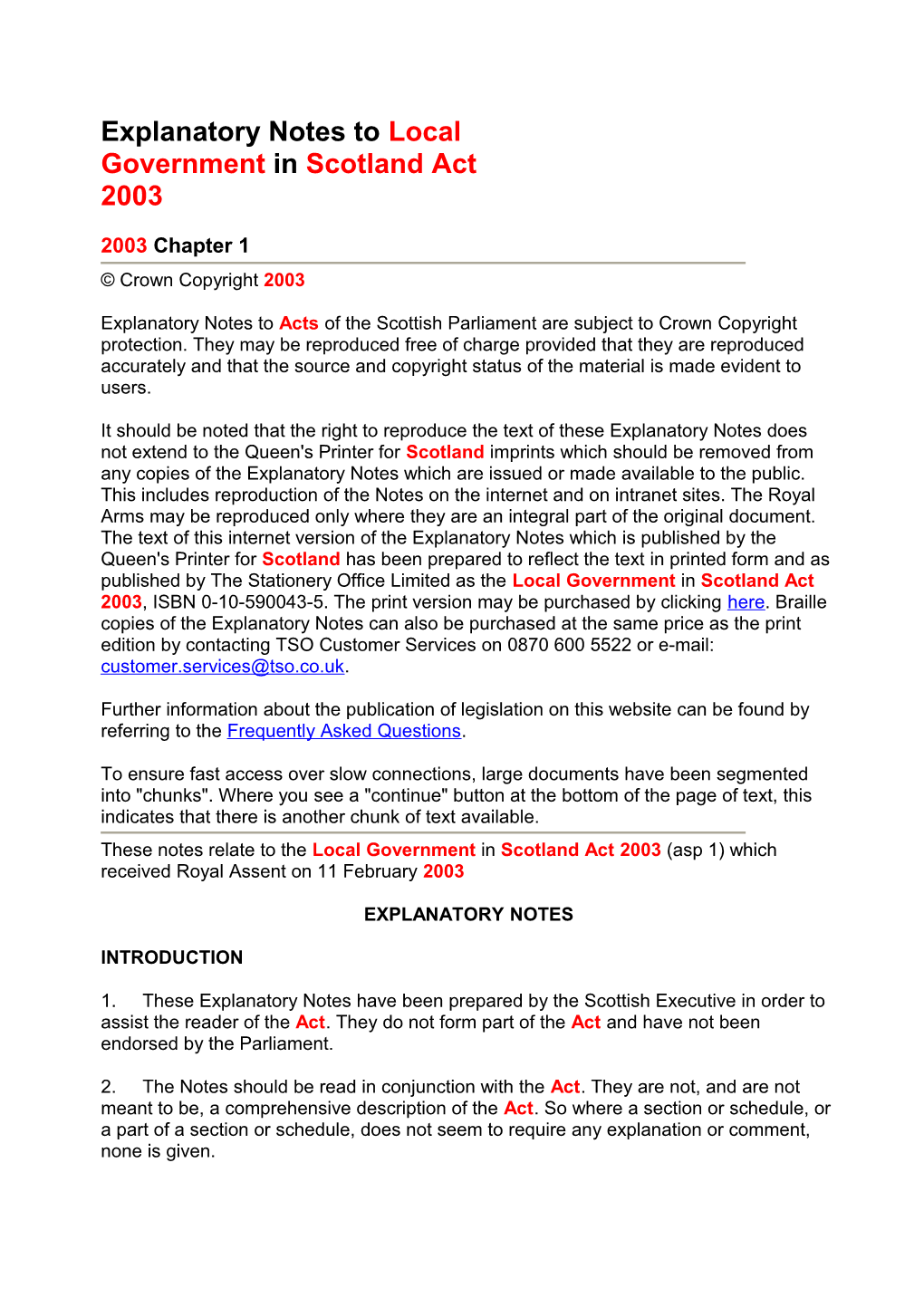 Explanatory Notes to Local Government in Scotland Act 2003