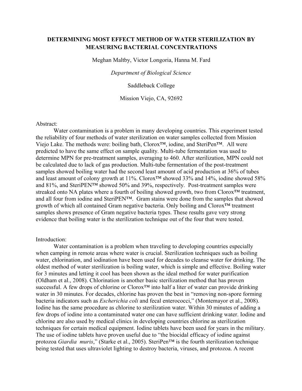 Determining Most Effect Method of Water Sterilization by Measuring Bacterial Concentrations