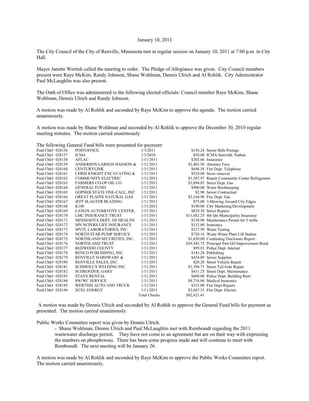 The Following General Fund Bills Were Presented for Payment