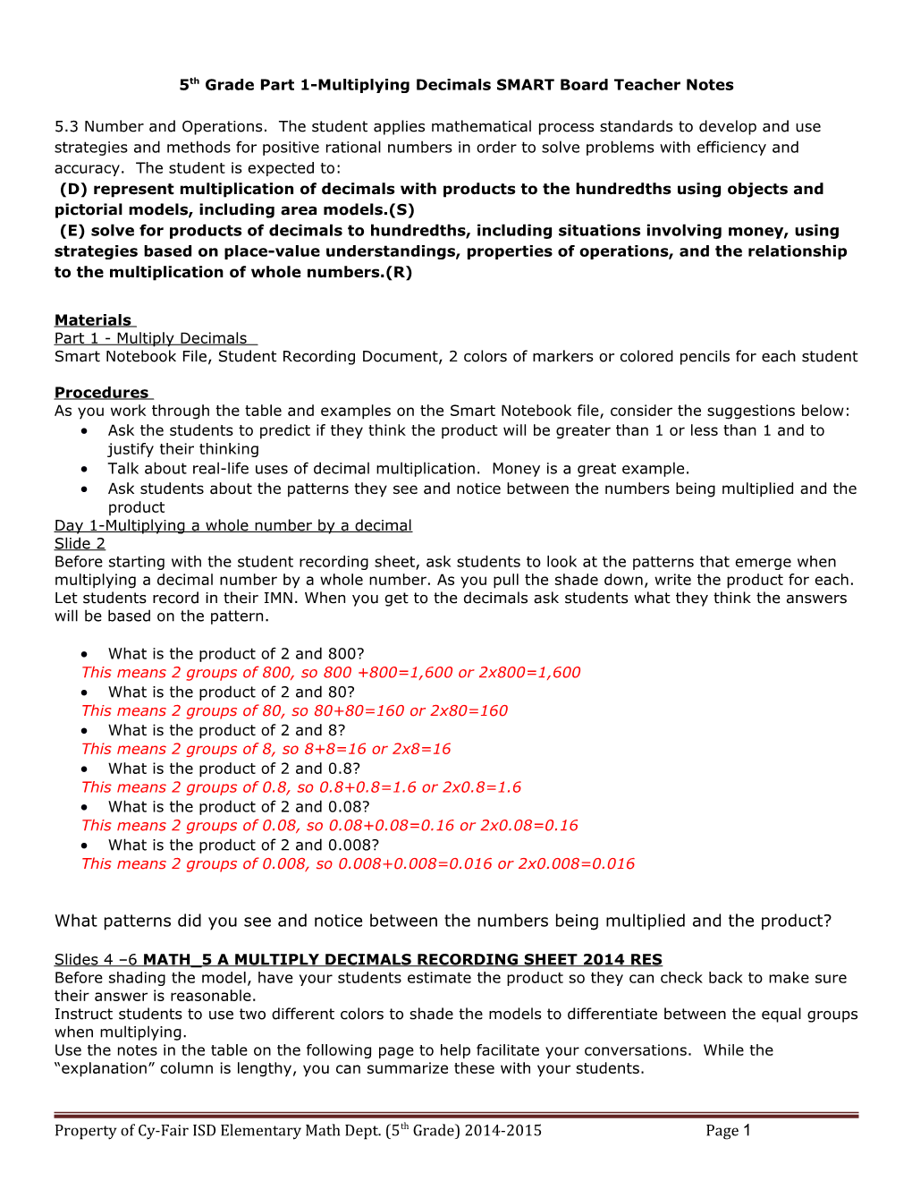 5Th Grade Part 1-Multiplying Decimals SMART Board Teacher Notes