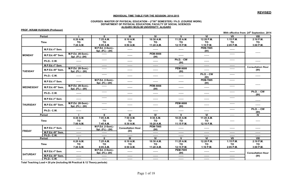 Time Table for the Session : 2011-2012
