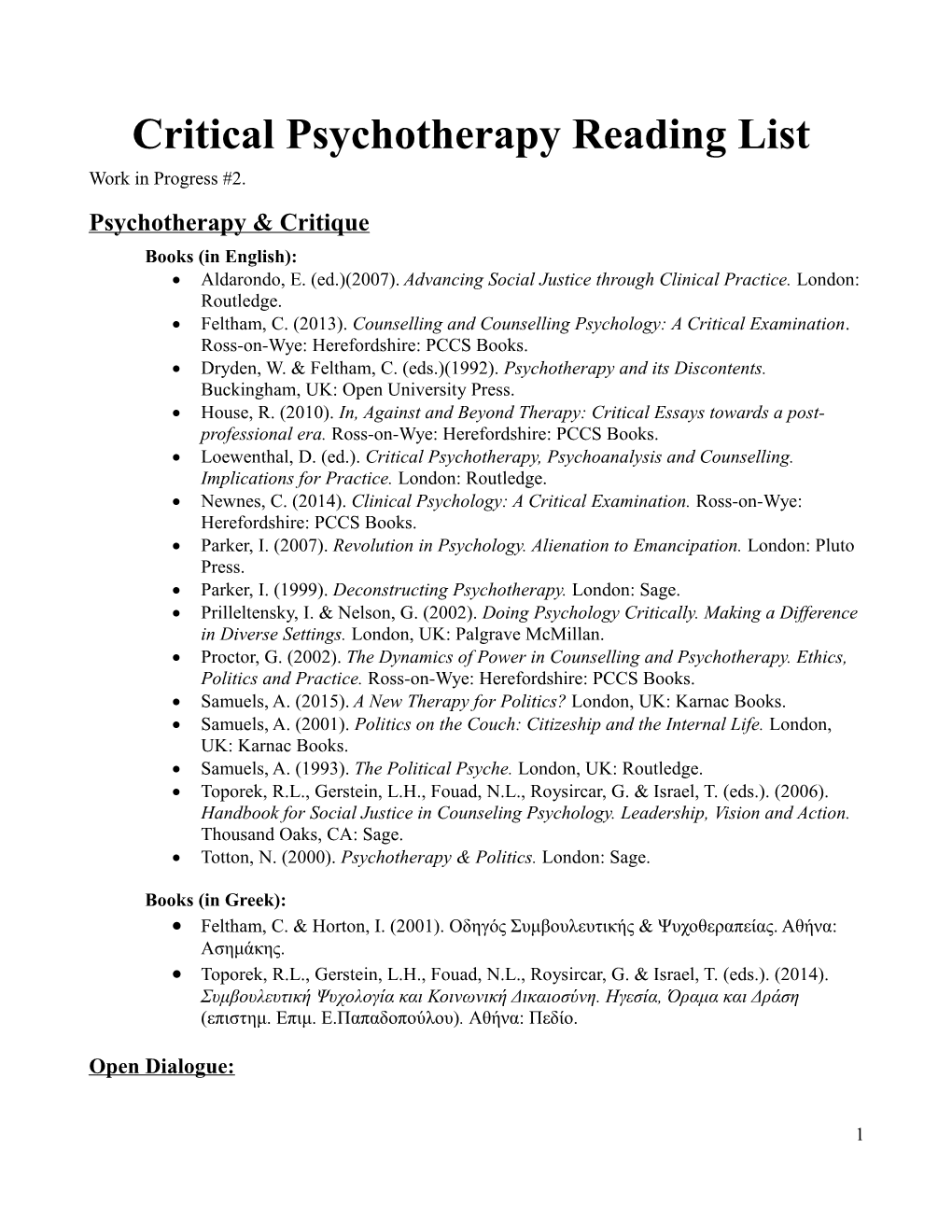 Critical Psychotherapy Reading List