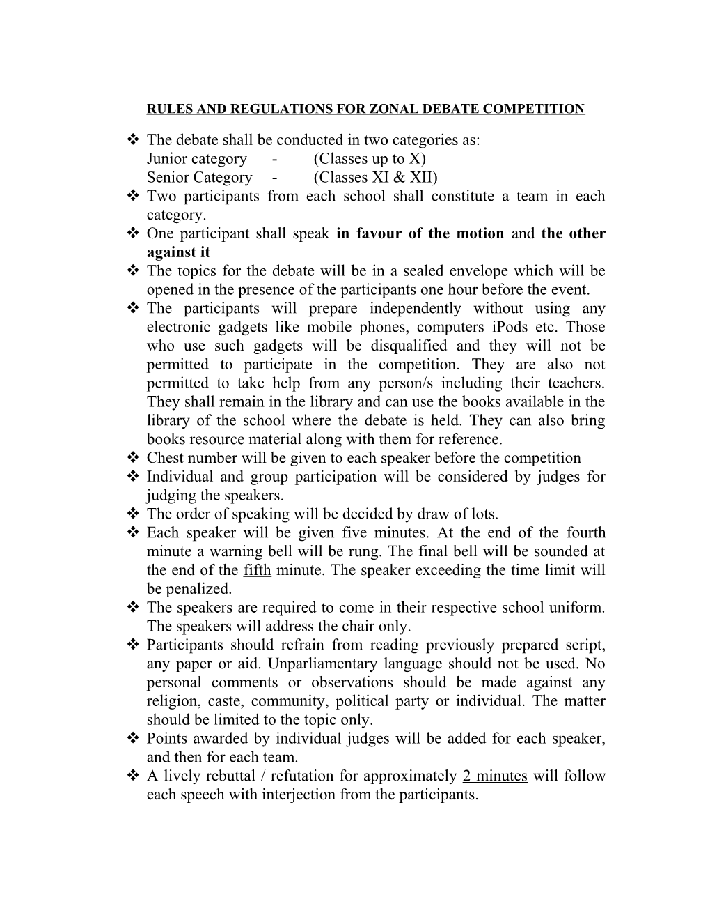 Rules and Regulations for Zonal Debate Competition