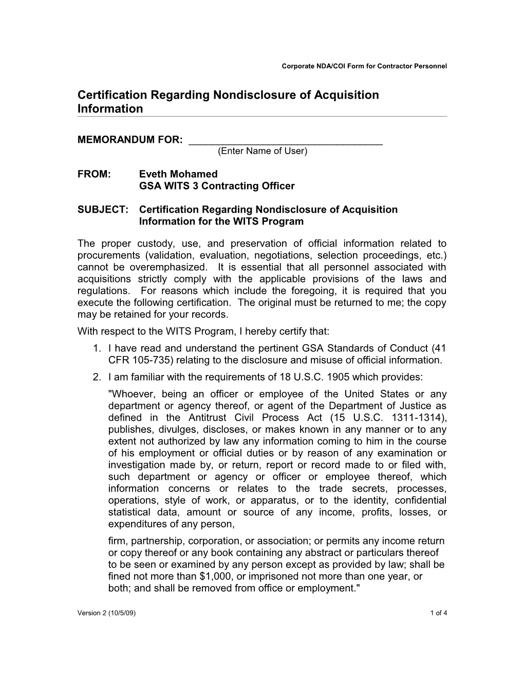 Corporate NDA/COI Form for Contractor Personnel