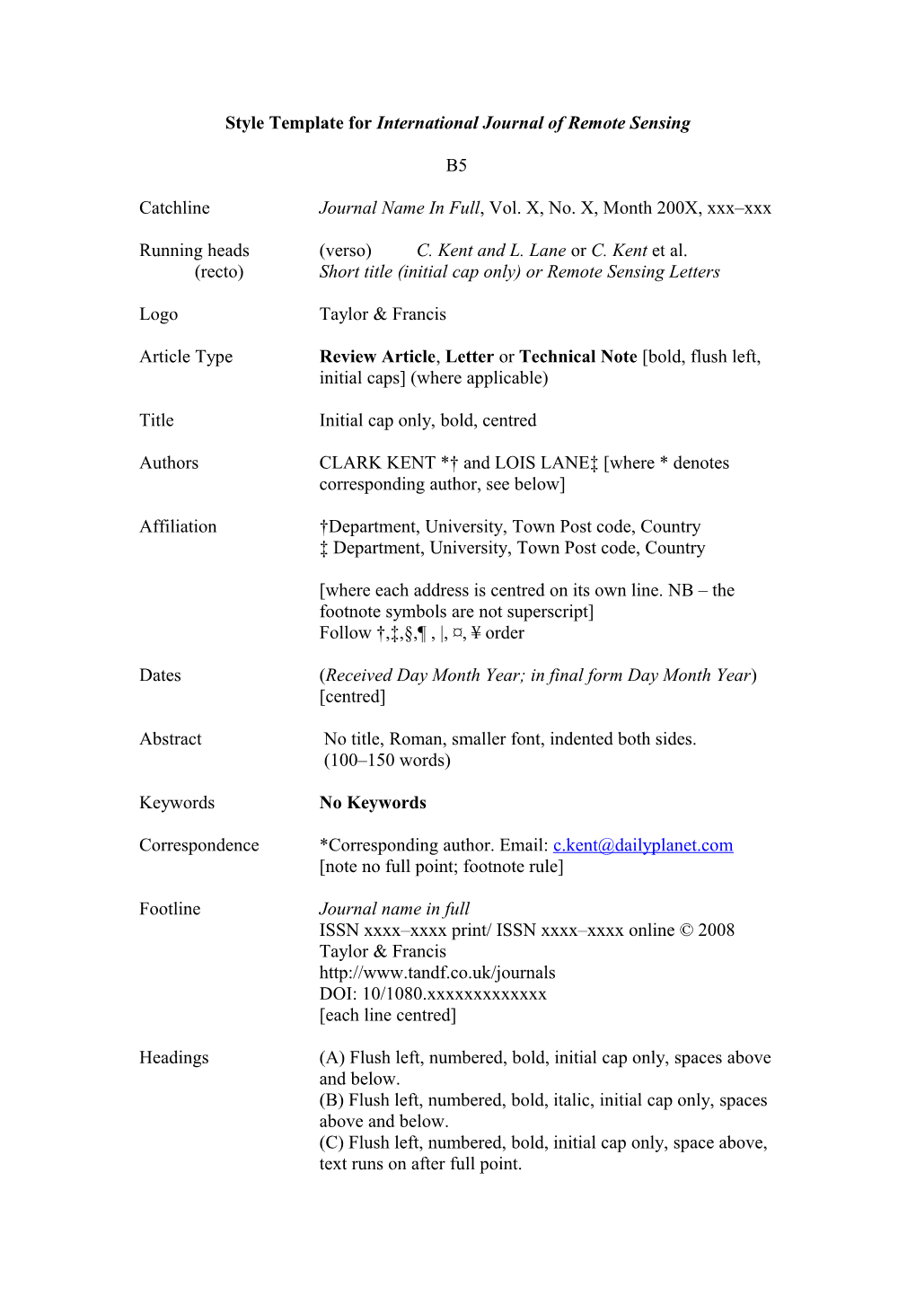 Style Template for International Journal of Remote Sensing