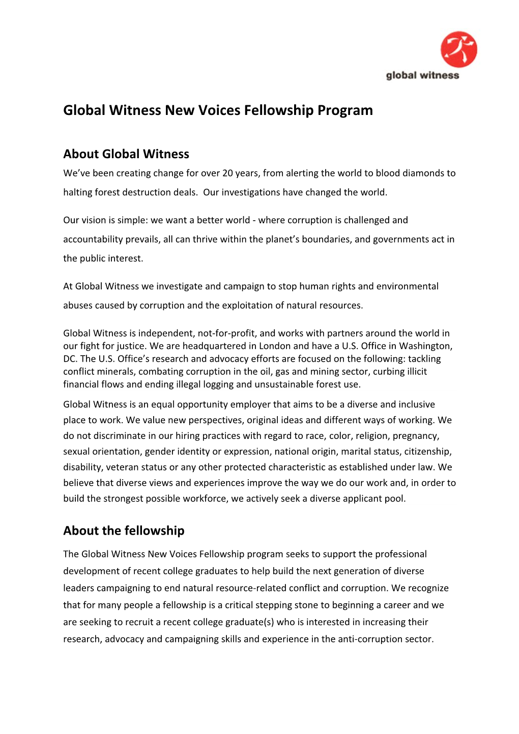 Global Witness New Voices Fellowship Program