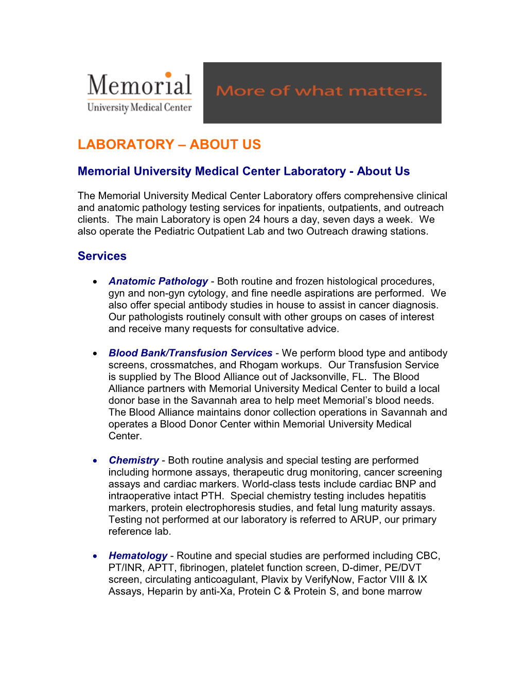 Memorial University Medical Center Laboratory - About Us