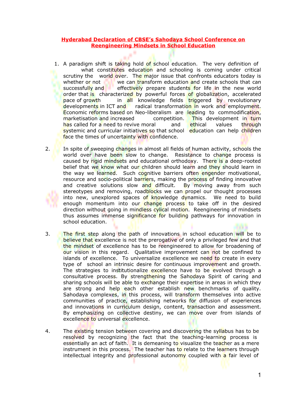 Hyderabad Declaration of CBSE S Sahodaya School Conference on Reengineering Mindsets In