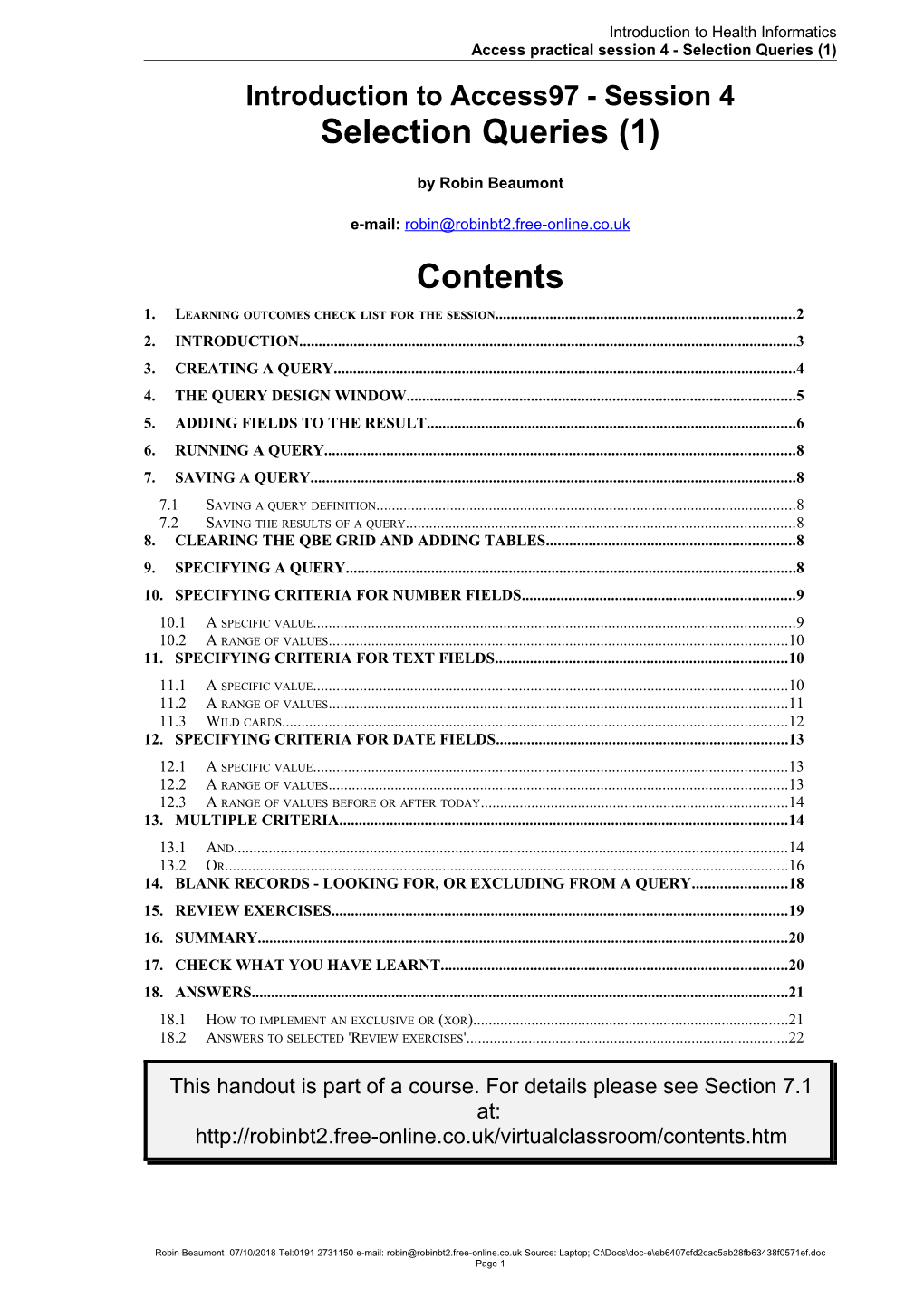 Access Practical Session 4 - Selection Queries (1)