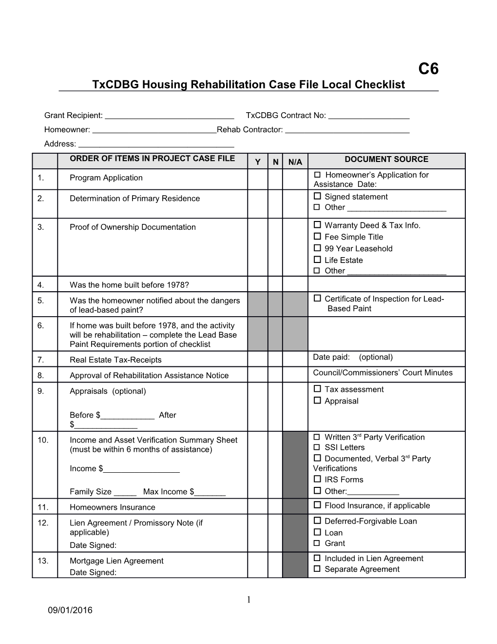 Txcdbg Housing Rehabilitation Case File Local Checklist