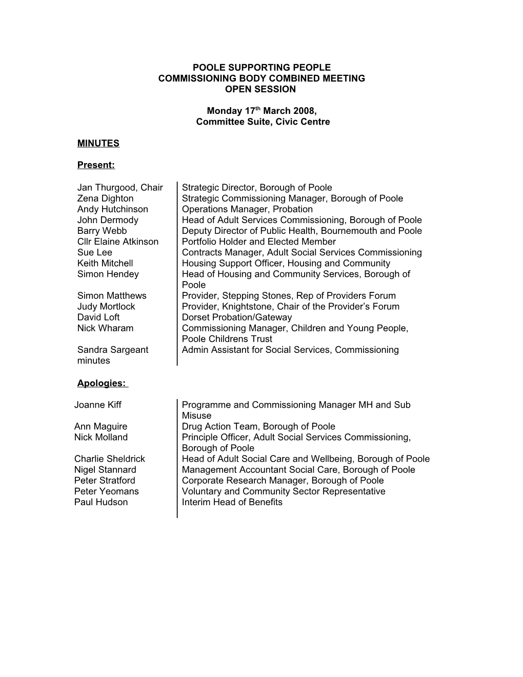 Minutes - Supporting People Commissioning Body - 17 March 2008