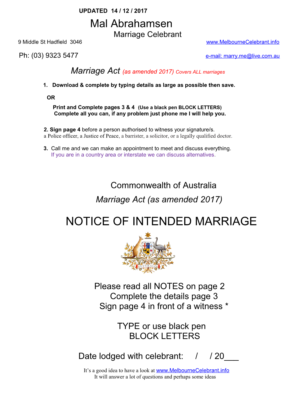 Notice of Intended Marriage