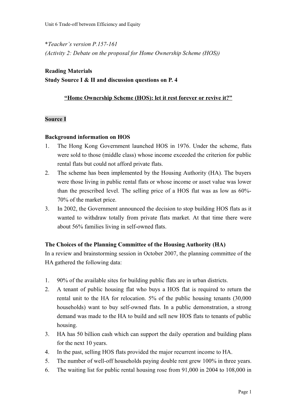 Unit 6: Trade-Off Between Efficiency and Equity