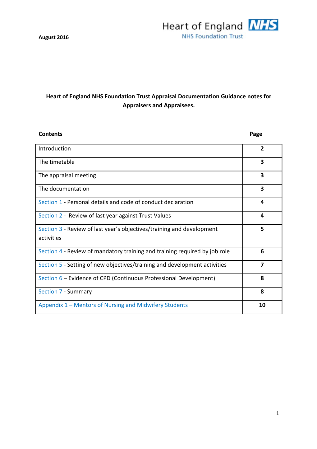 Heart of England NHS Foundation Trust Appraisal Documentation Guidance Notes for Appraisers