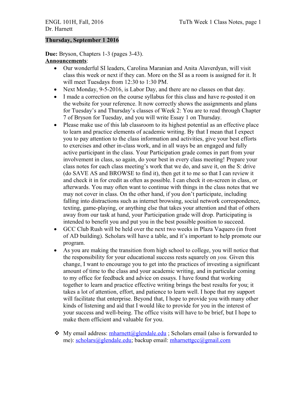 ENGL 101H, Fall, 2016Tuth Week 1 Class Notes, Page 1