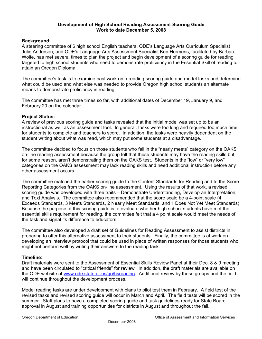 Development of High School Reading Assessment Scoring Guide