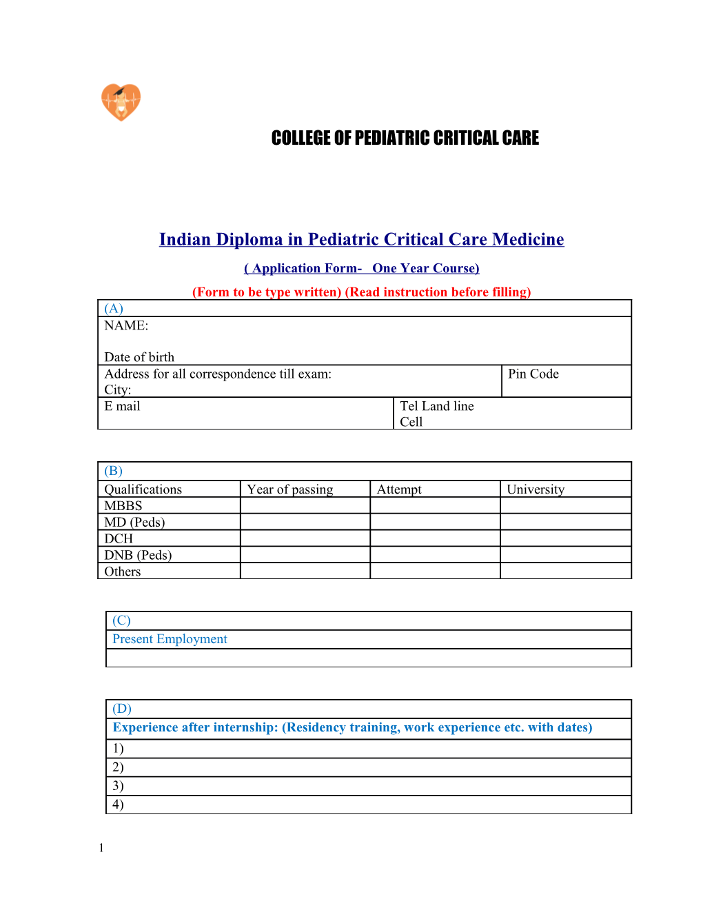 Application Form for Fellowship in Pediatric Intensive Care