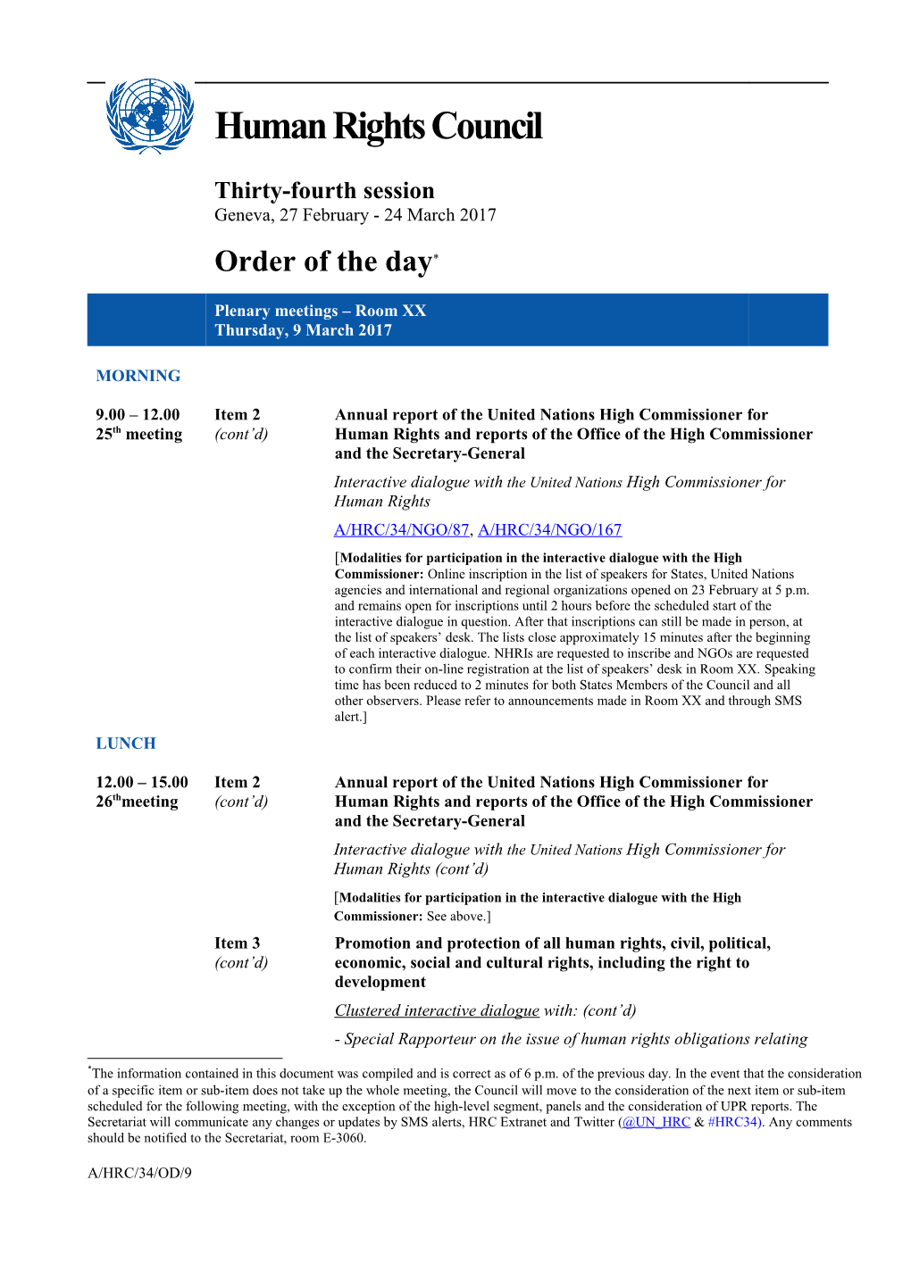 Order of the Day, Thursday, 9 March 2017
