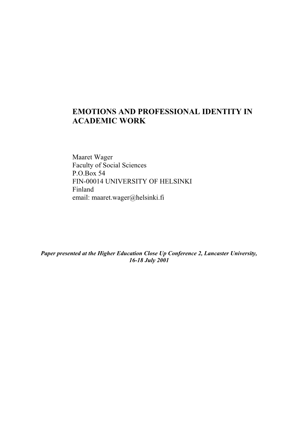 Emotions and Professional Identity in Academic Work
