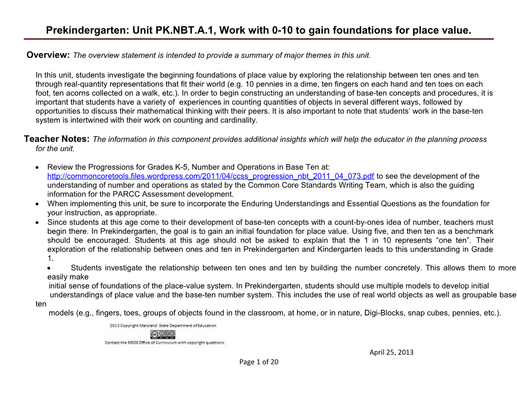 Prekindergarten: Unit PK.NBT.A.1, Work with 0-10 to Gain Foundations for Place Value