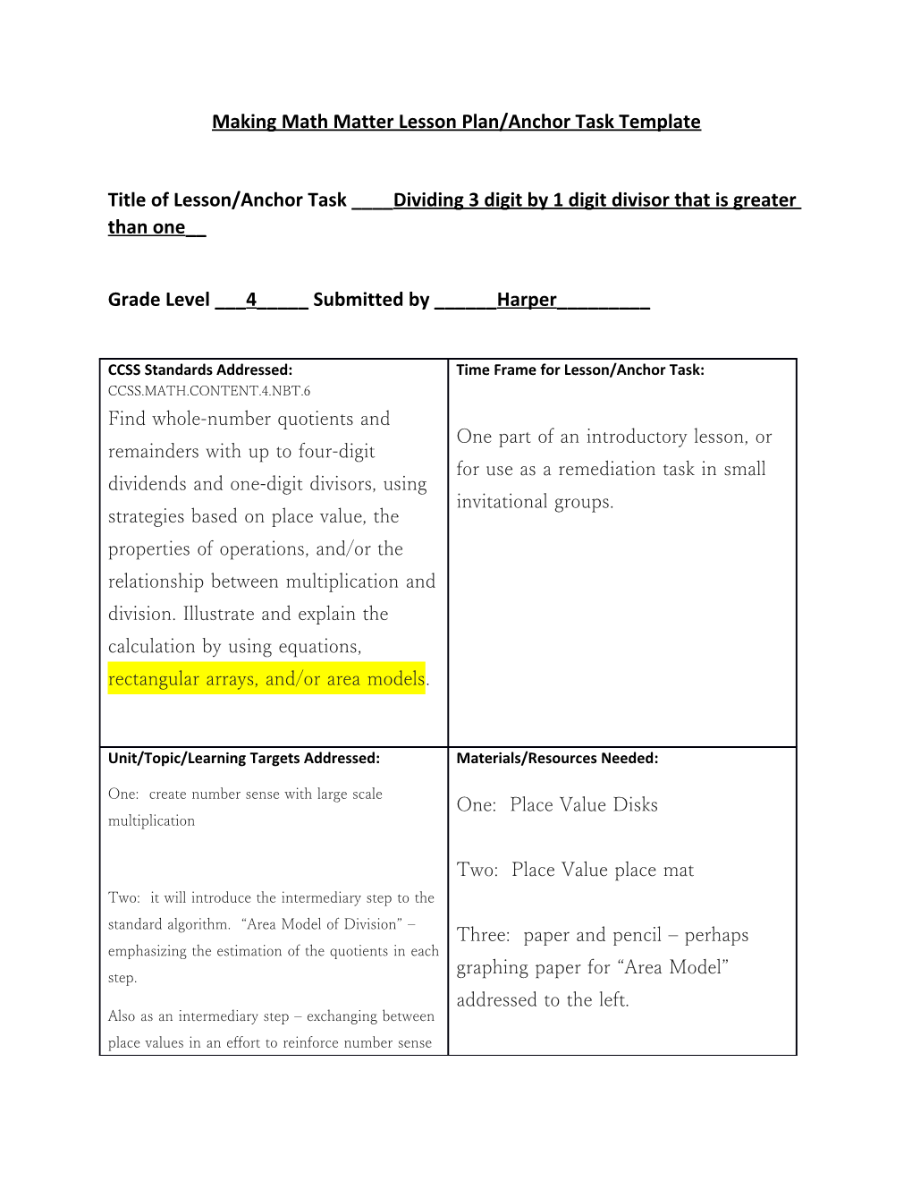 Making Math Matter Lesson Plan/Anchor Task Template