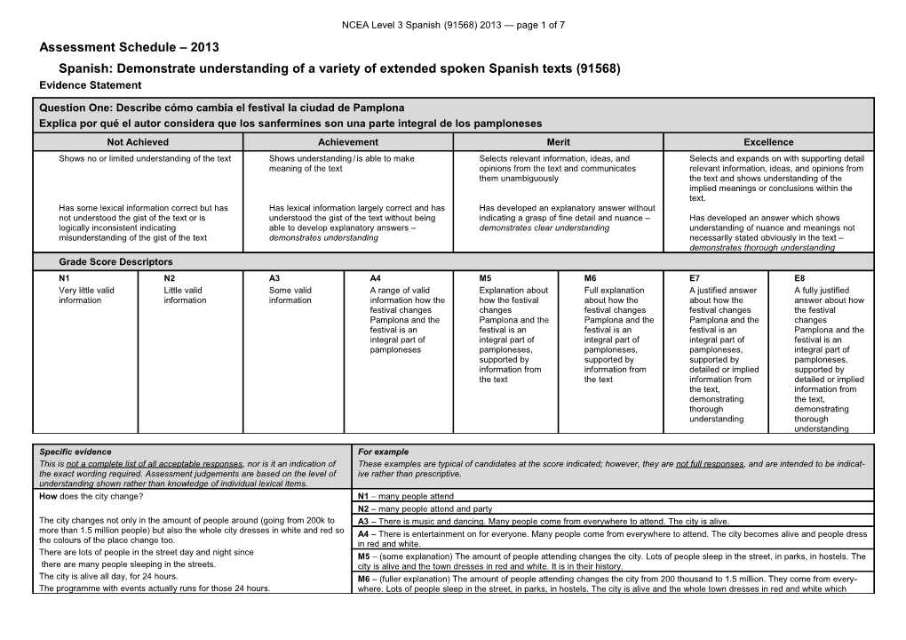 NCEA Level 3 Spanish (91568) 2013 Assessment Schedule