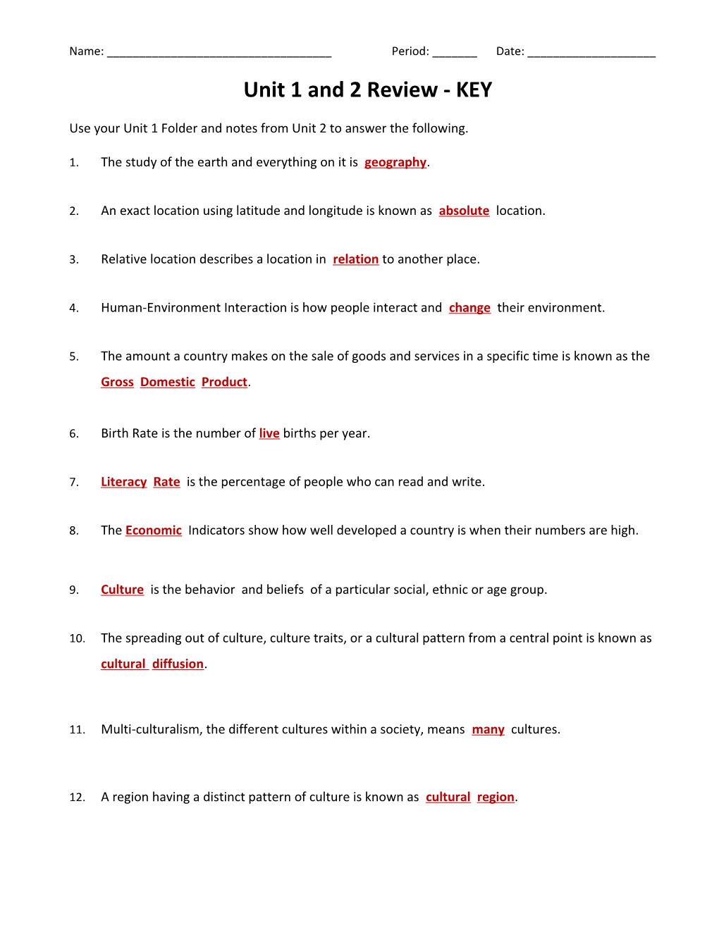 Unit 1 and 2 Review- KEY