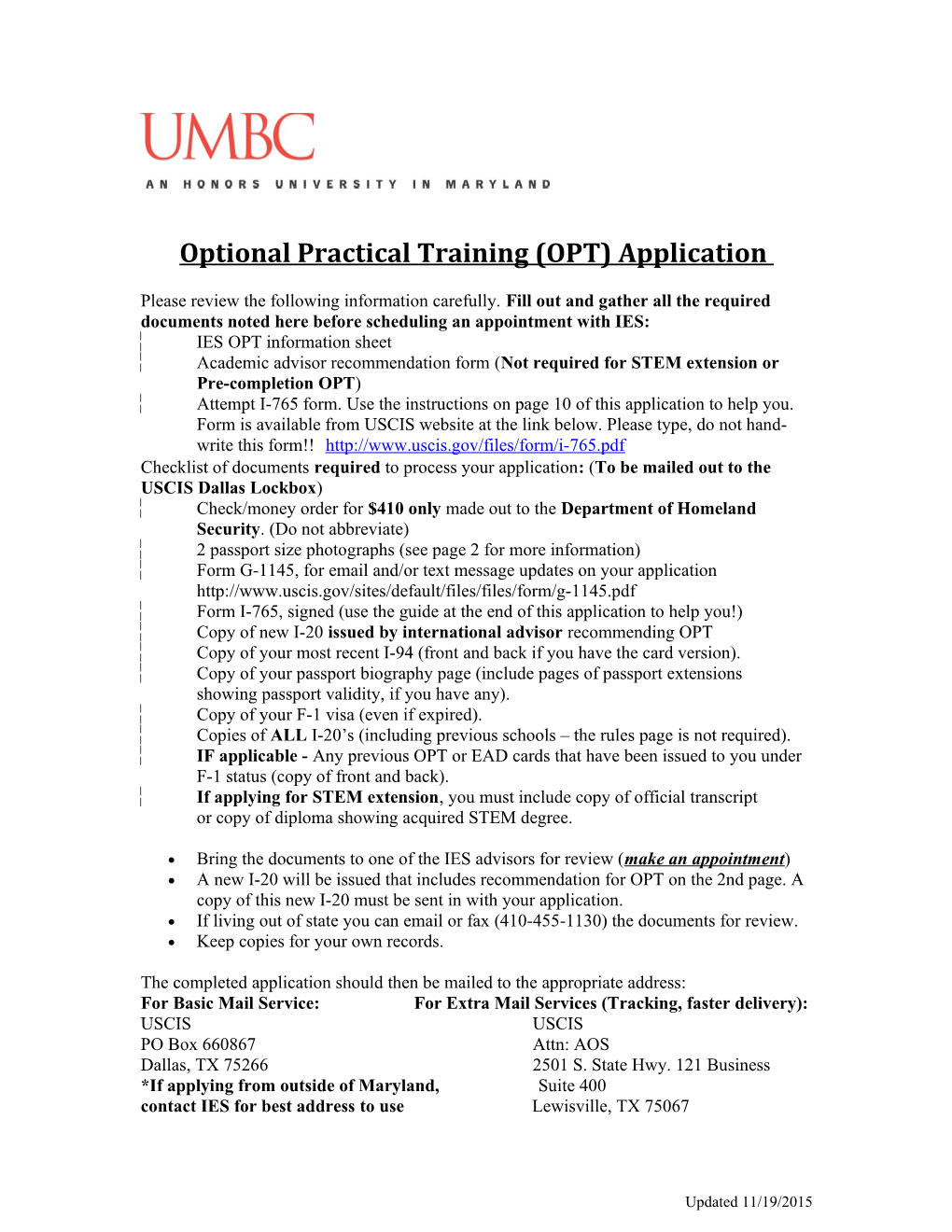 Optional Practical Training (OPT) Application