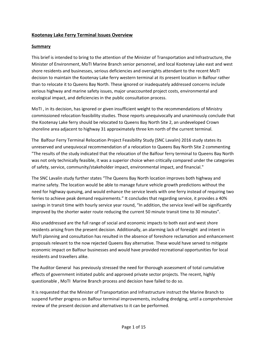 Kootenay Lake Ferry Terminalissues Overview