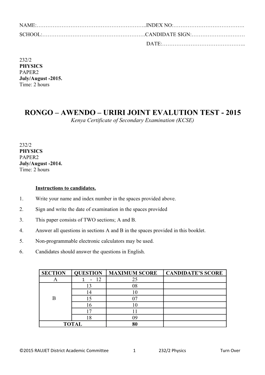 Rongo Awendo Uriri Joint Evalution Test - 2015