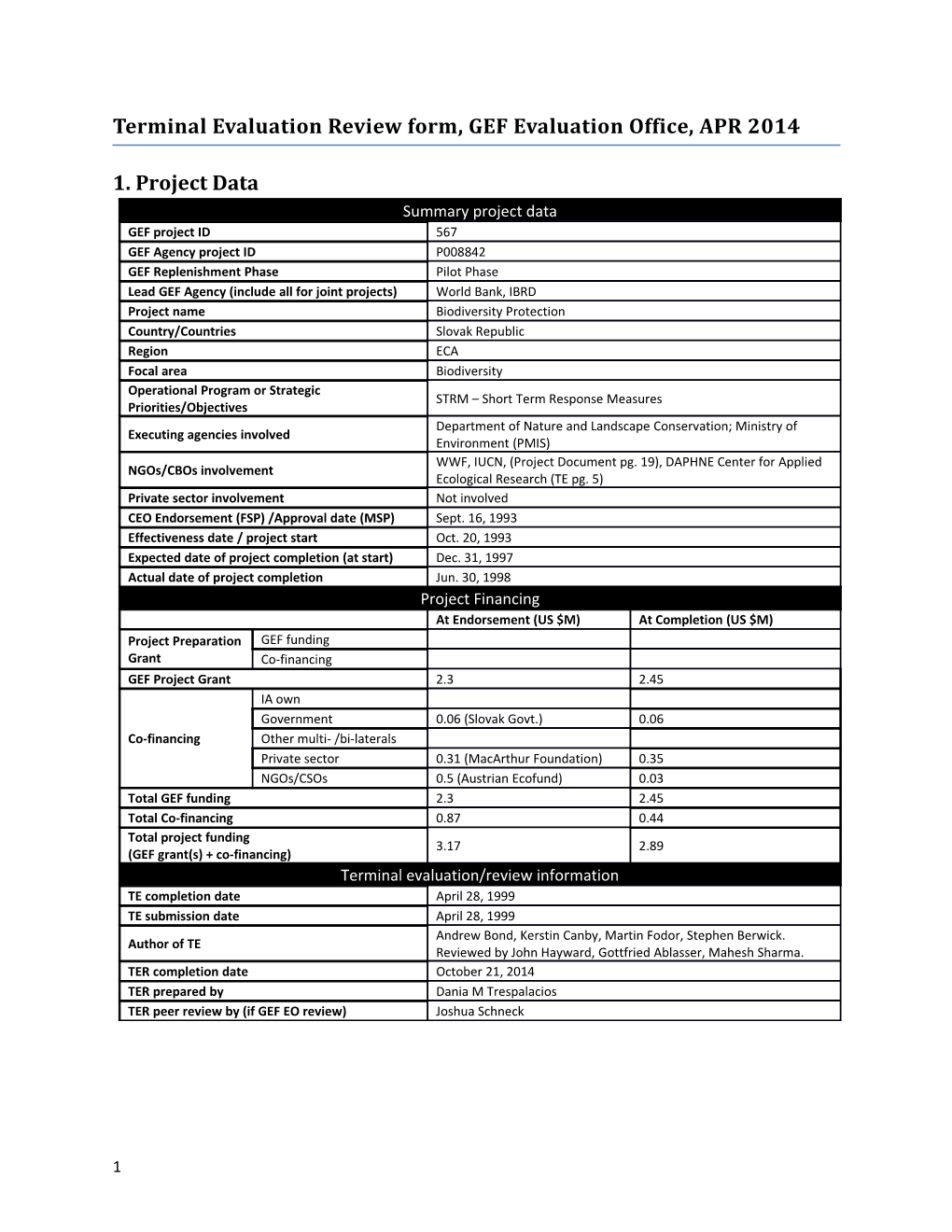 Terminal Evaluation Review Form, GEF Evaluation Office, APR 2014