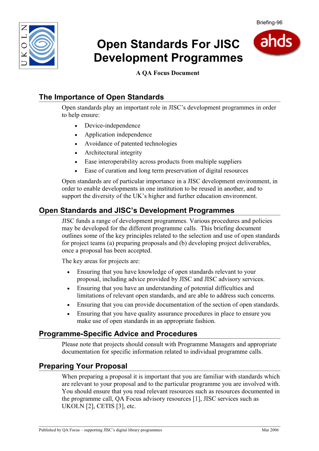Standards for JISC Development Programmes