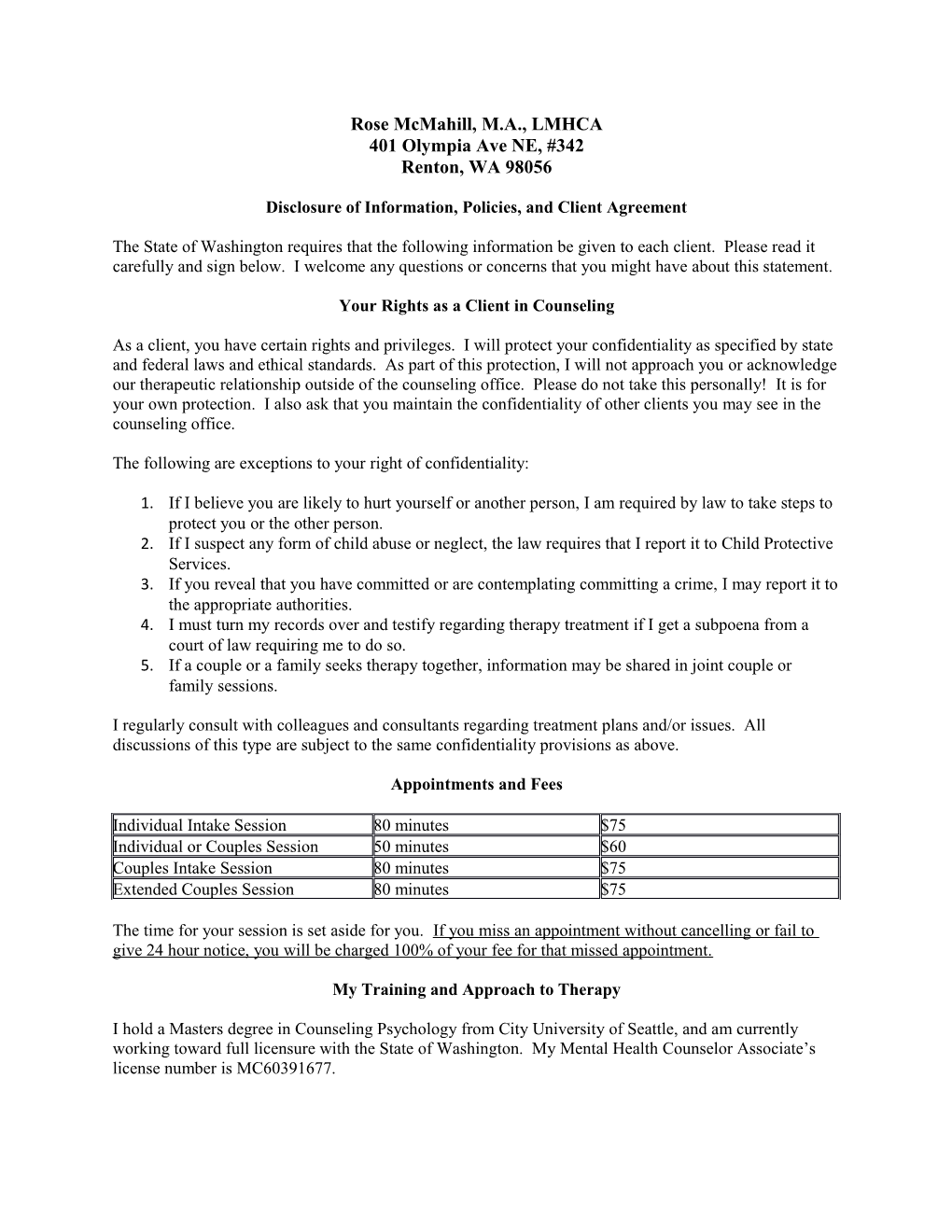 Disclosure of Information, Policies, and Client Agreement