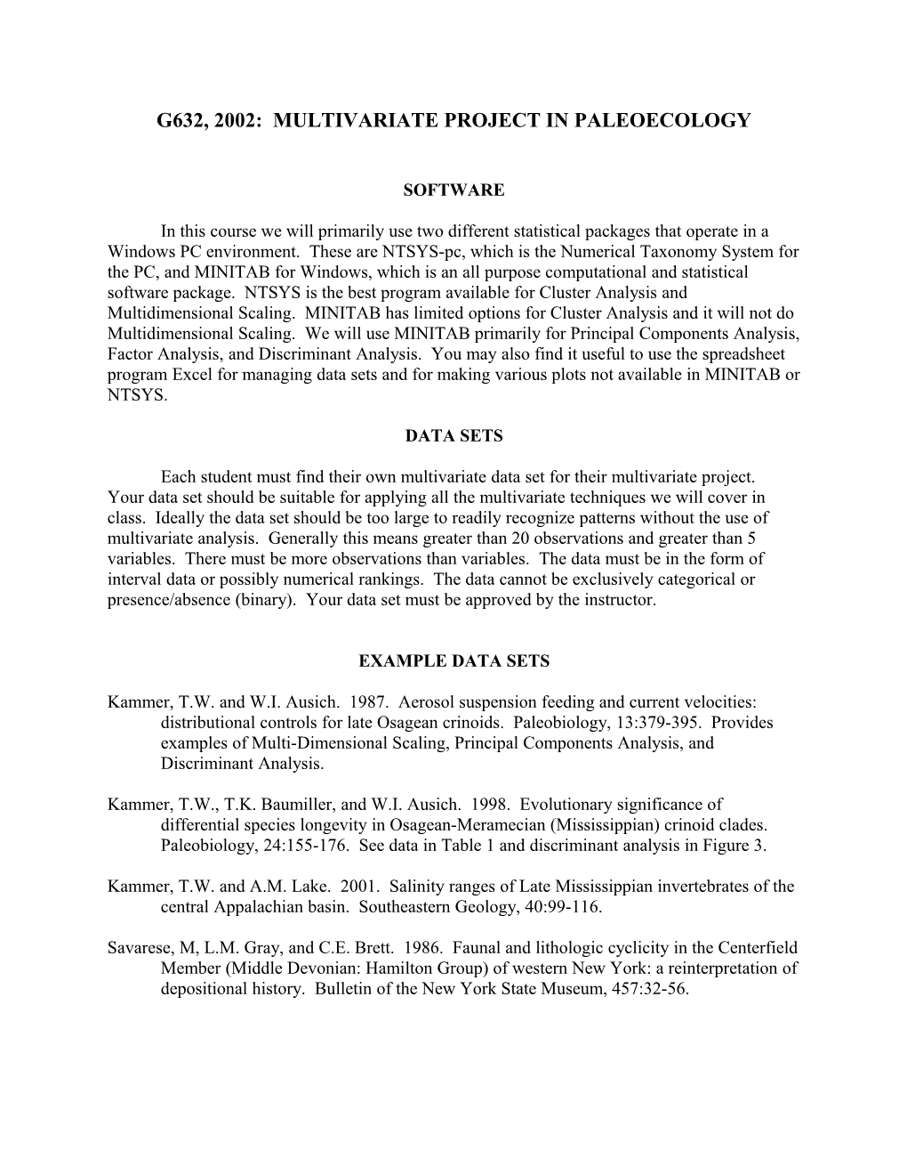 G632, 2002: Multivariate Project in Paleoecology