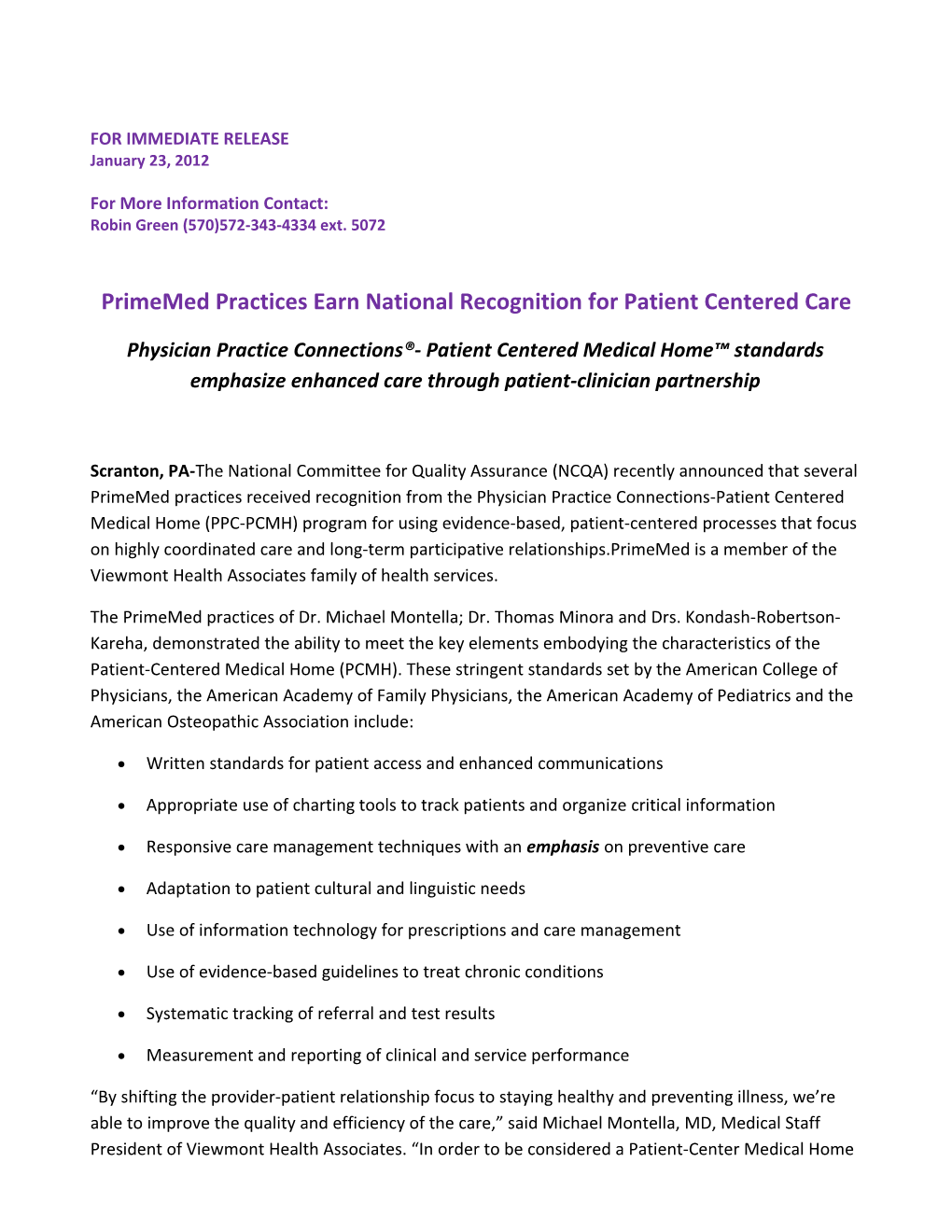 Primemed Practices Earn National Recognition for Patient Centered Care