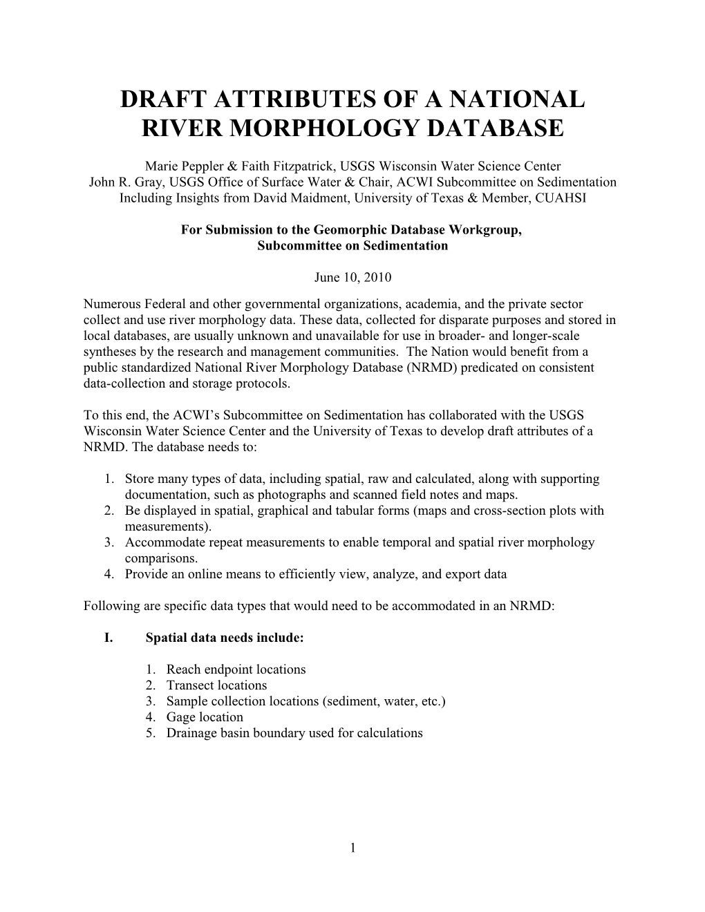 Draft Attributes of a National River Morphology Database