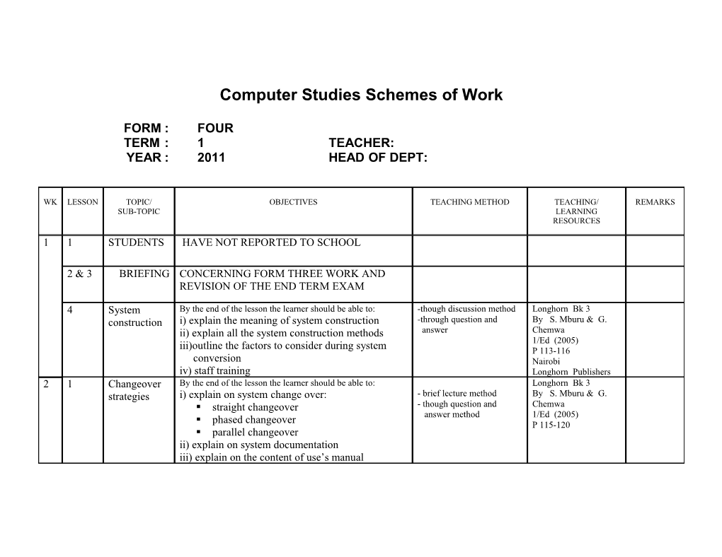Computer Studies Schemes of Work