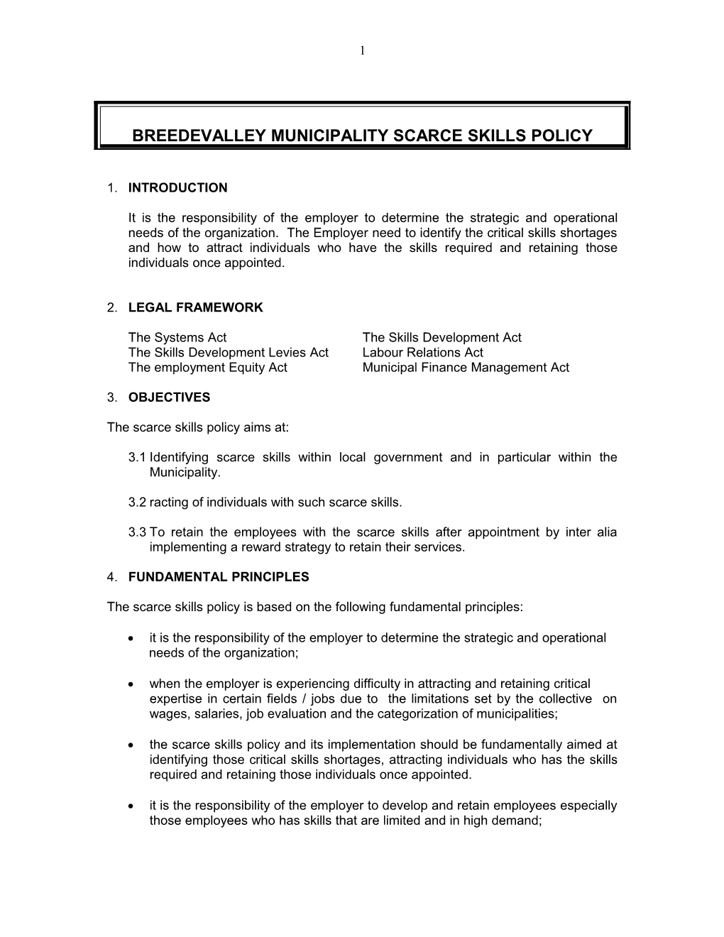 Breedevalley Municipality Scarce Skills Policy