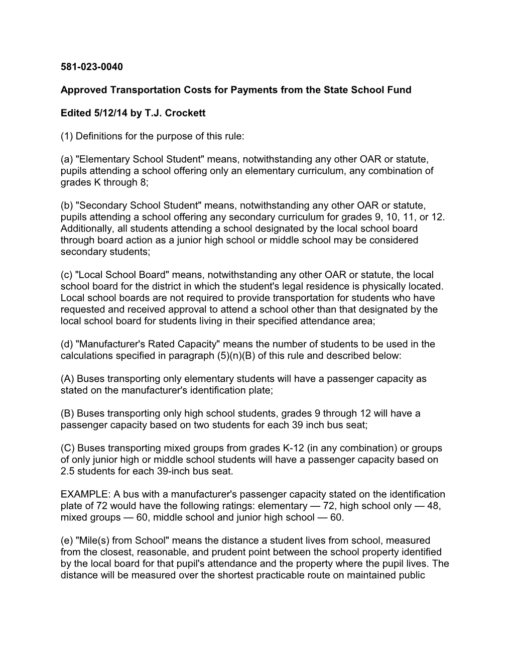 Approved Transportation Costs for Payments from the State School Fund