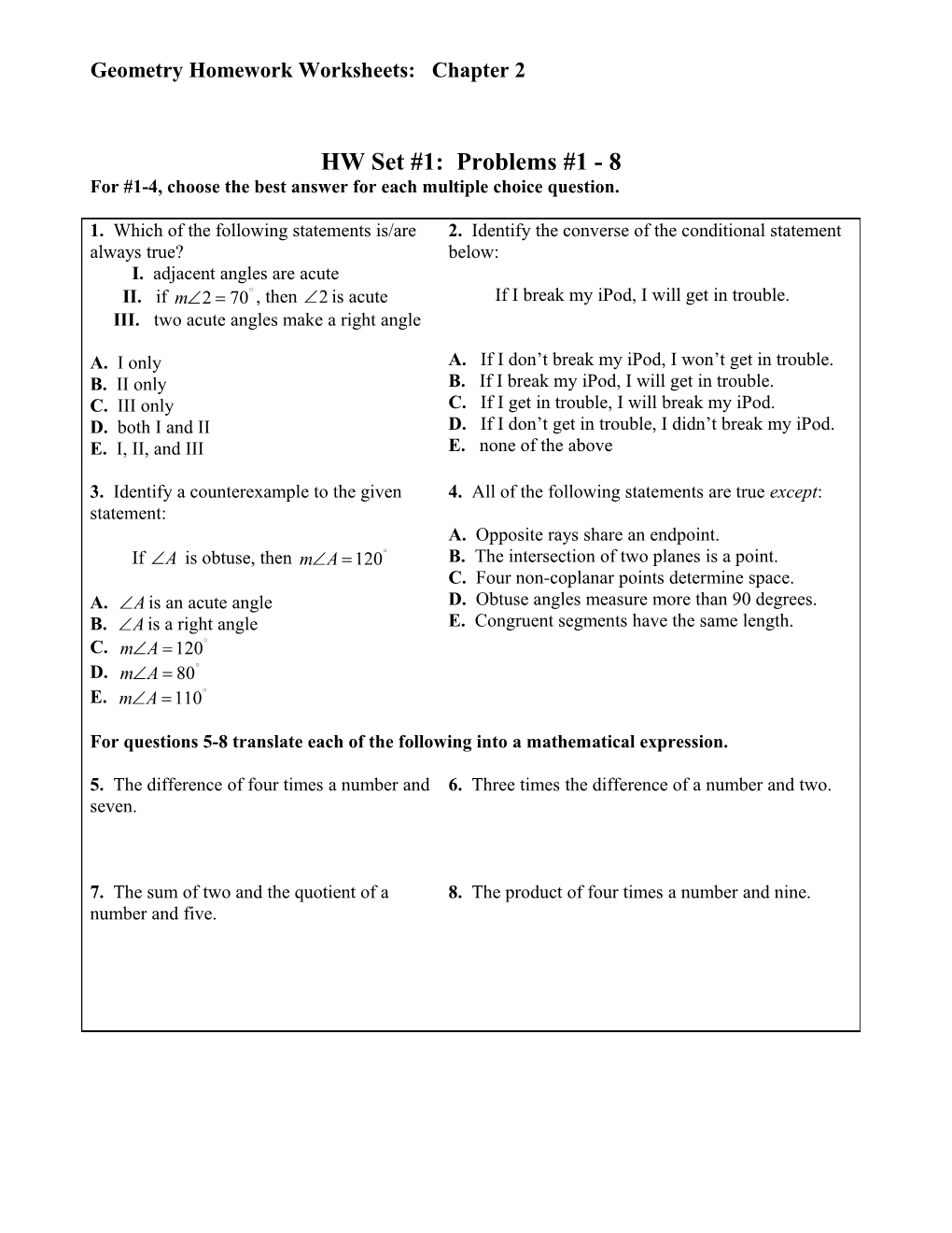 Geometry Homework Worksheets: Chapter 2