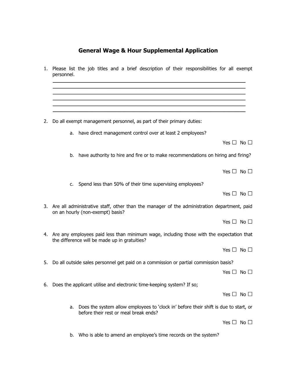 General Wage & Hour Supplemental Application