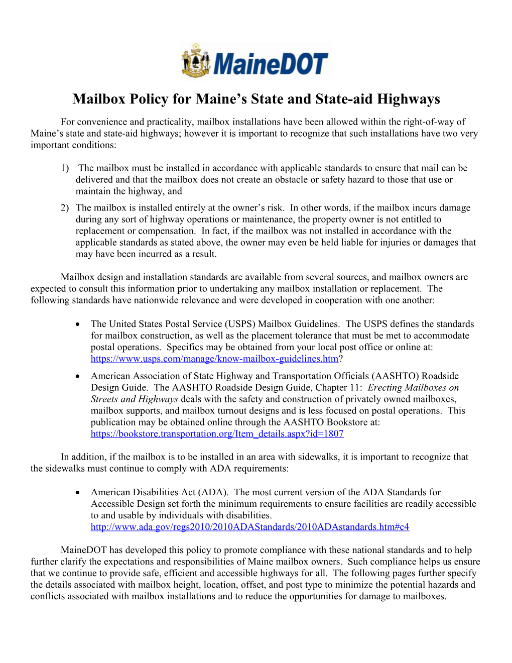 Mailboxpolicy for Maine S State and State-Aid Highways