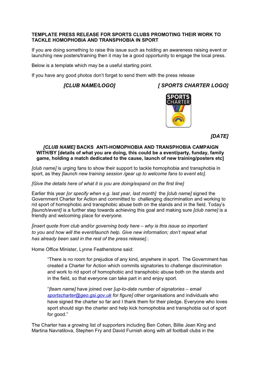 Template Press Release for Sports Clubs Promoting Their Work to Tackle Homophobia And