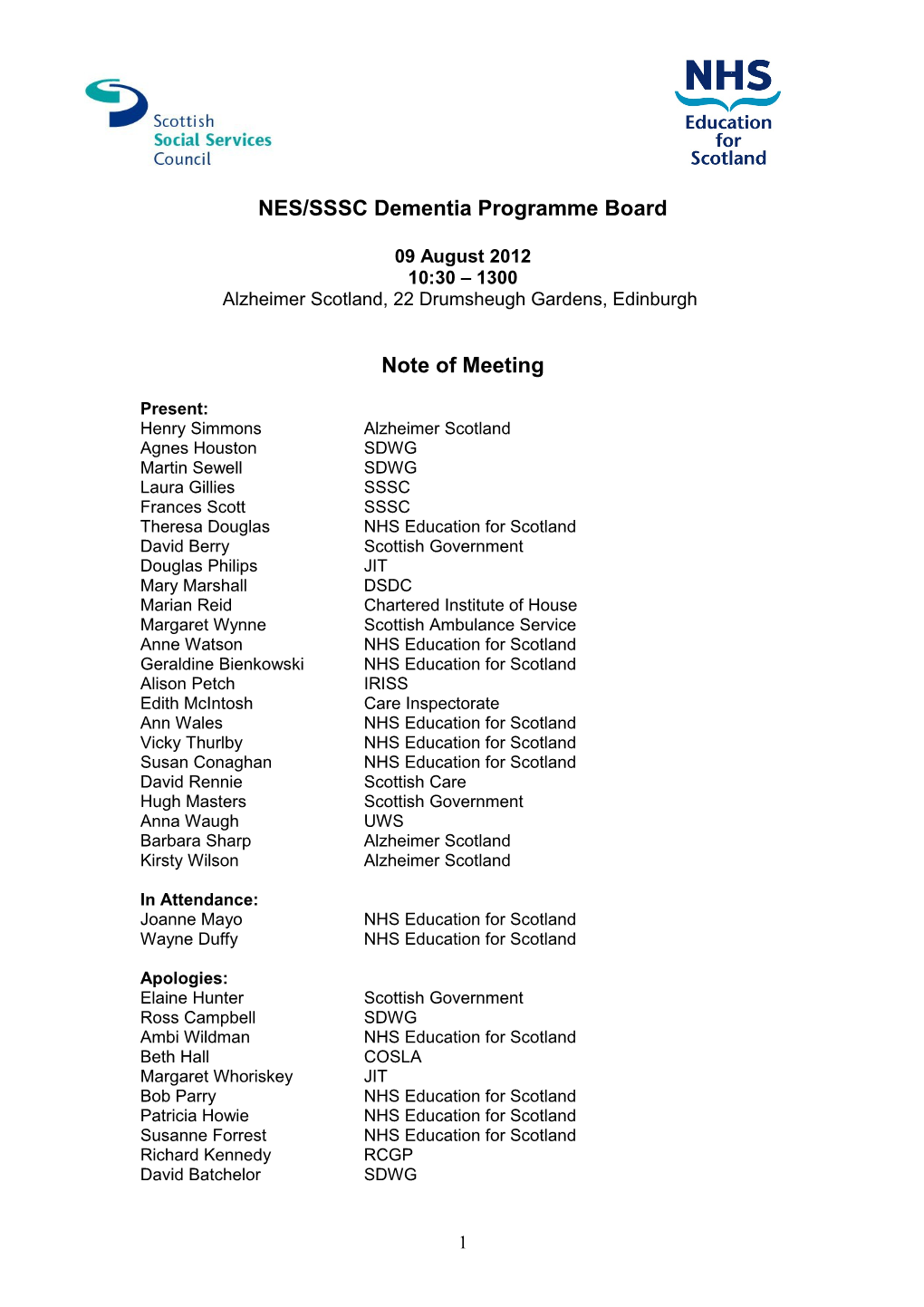 NES/SSSC Dementia Programme Board