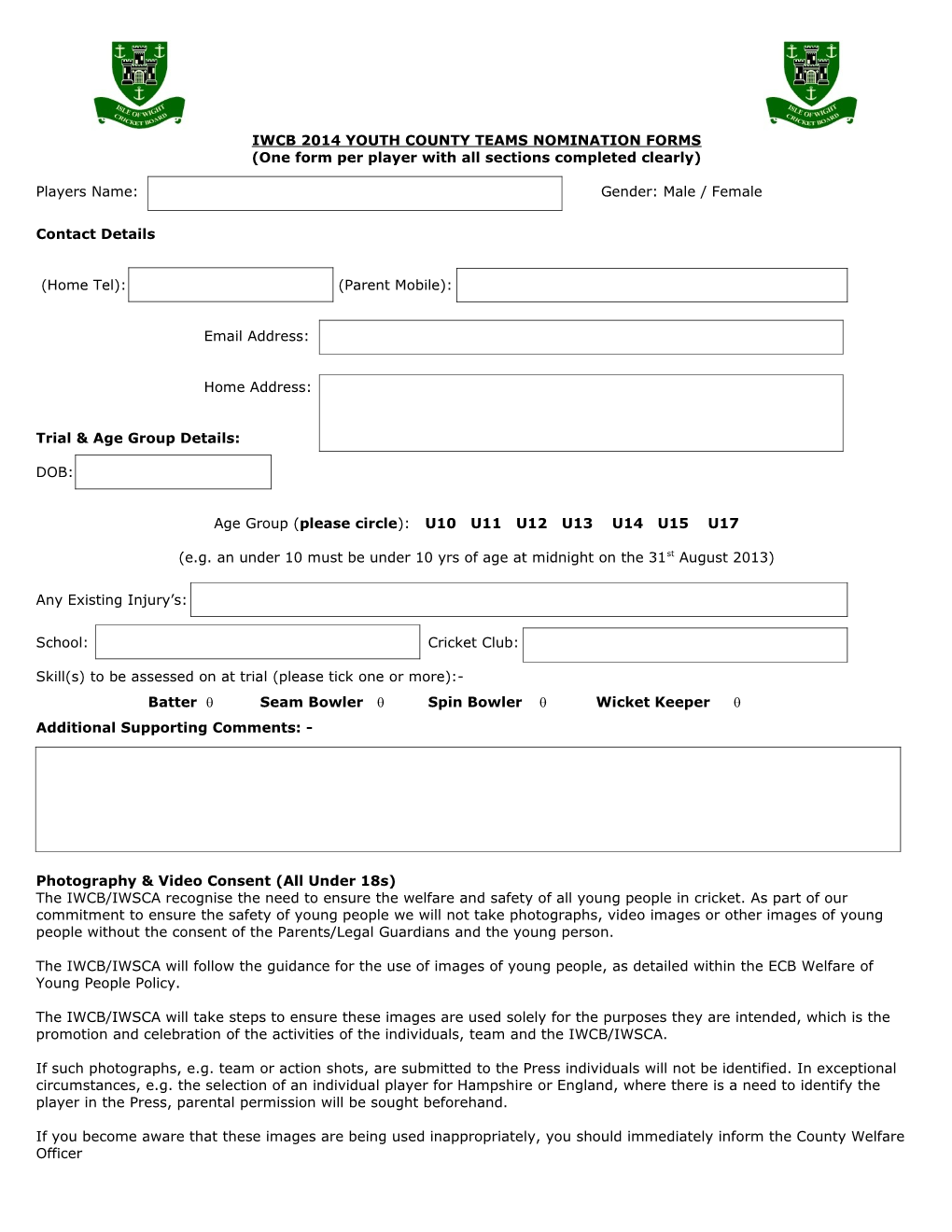 Iwcb 2014 Youth County Teams Nomination Forms