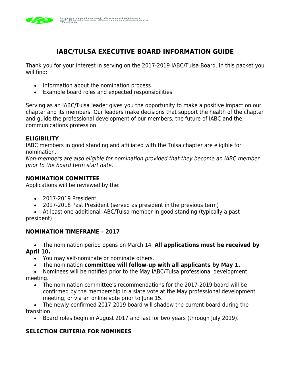 Iabc/Tulsa Executive Board Information Guide