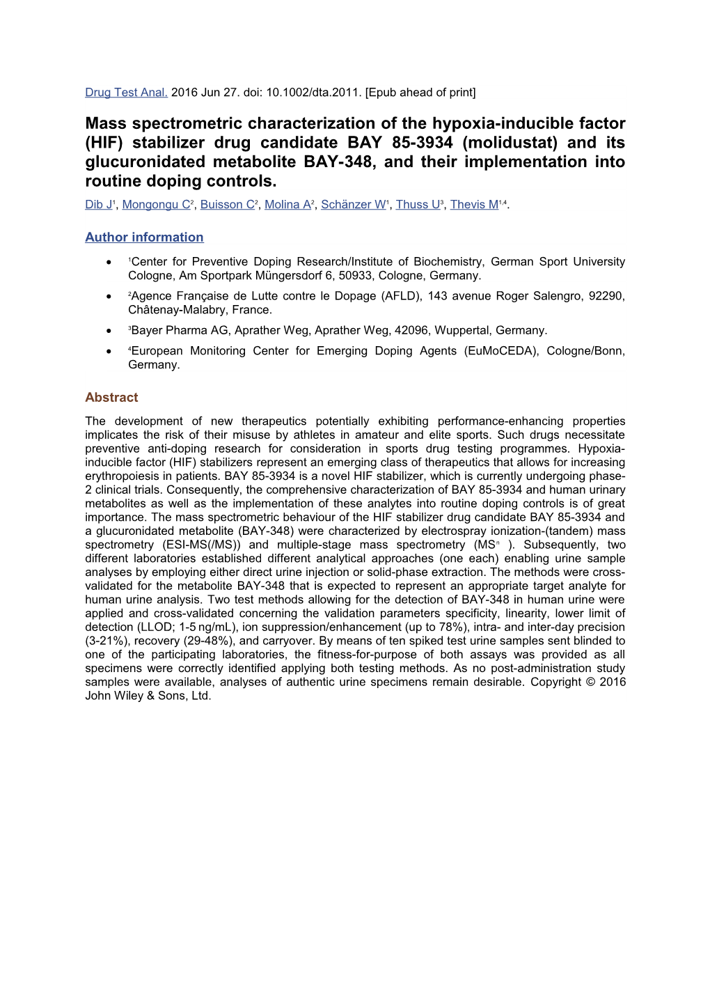 Drug Test Anal. 2016 Jun 27. Doi: 10.1002/Dta.2011. Epub Ahead of Print