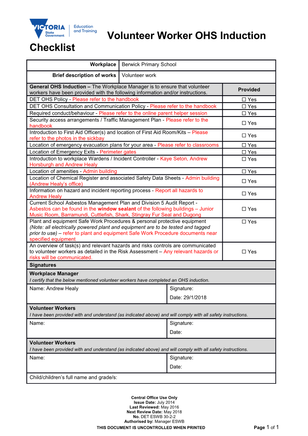 Volunteer Worker OHS Induction Checklist