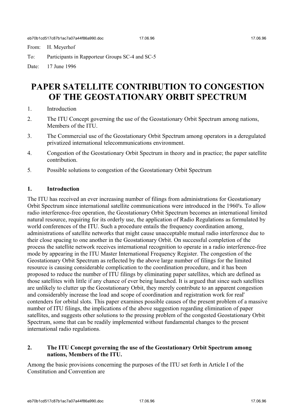 Paper Satellite Contribution to Congestion of the Geostationary Orbit Spectrum