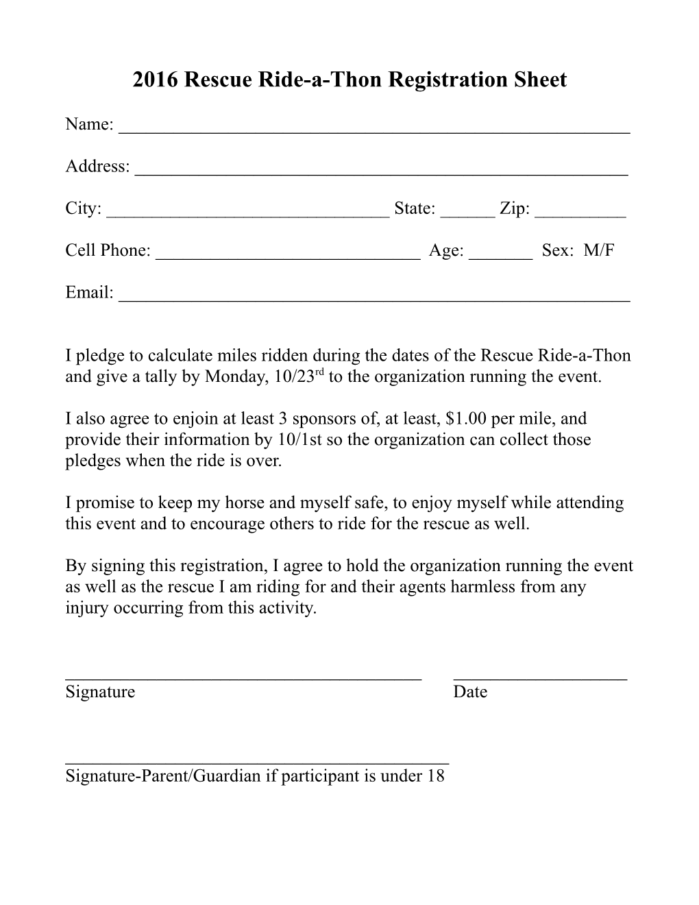 2016 Rescue Ride-A-Thon Registration Sheet